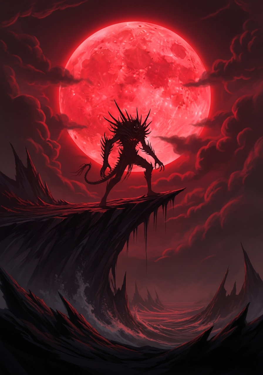 A towering silhouette beneath the blood moon