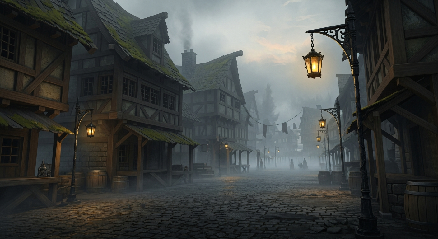A small town wrapped in cold fog at first light
