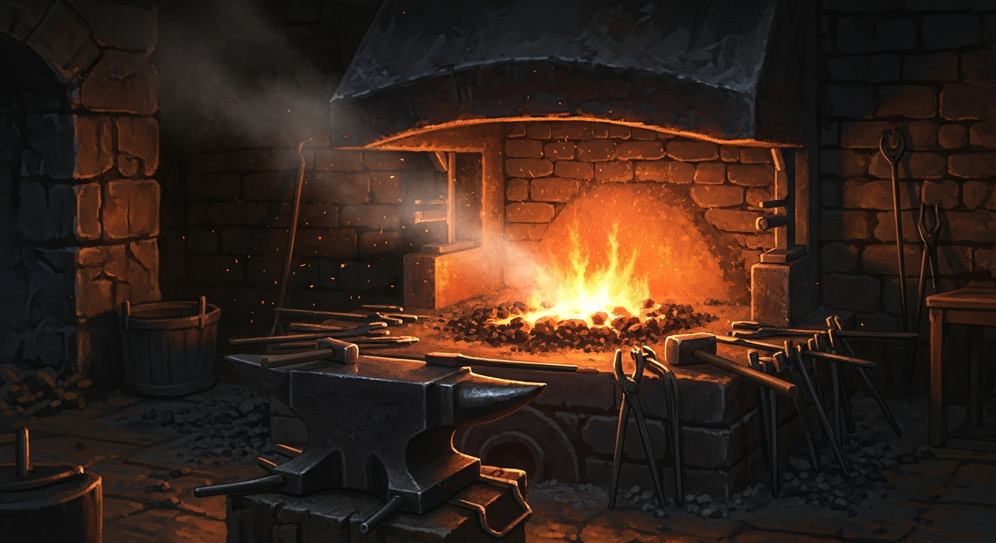 A working forge: bellows, anvil, and an ember-lit blade